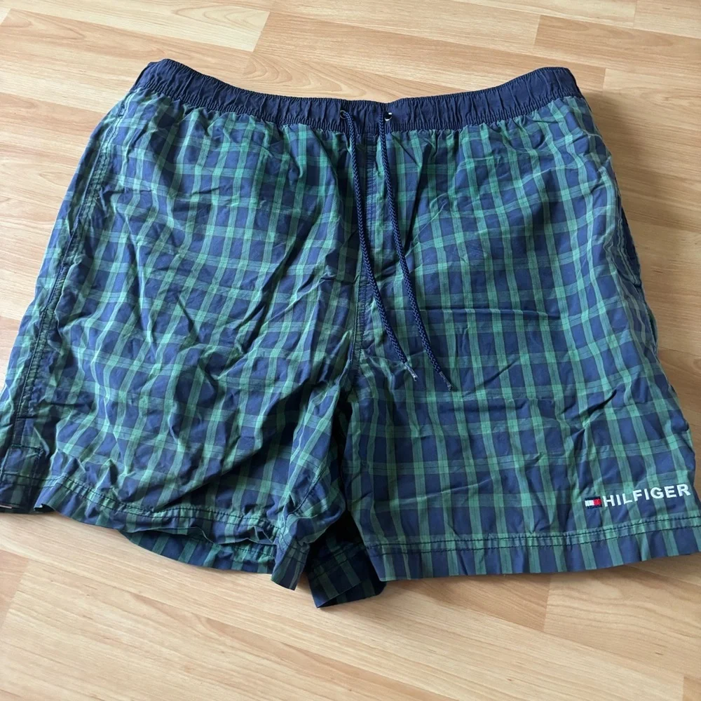 Vintage /Y2K Tommy Hilfiger Men's‎ Blue and Green Swim Shorts